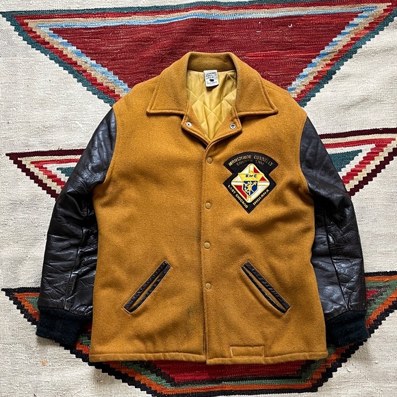 Vintage Mustard Yellow Knights of Columbus Varsity Jacket with Leather Sleeves